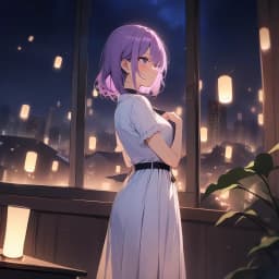 best quality, rating: sensitive, short girl, long purple hairs, night, bloom