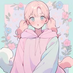 gitl, endearing, direct gaze, puffy ponytails, delicate flowers, concealed hair, pink puffy hoodie dress, long sleeves, pastel colors, English text "GAY", puffy tail
