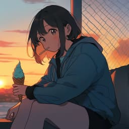 girl, sunset, sitting, eating ice cream