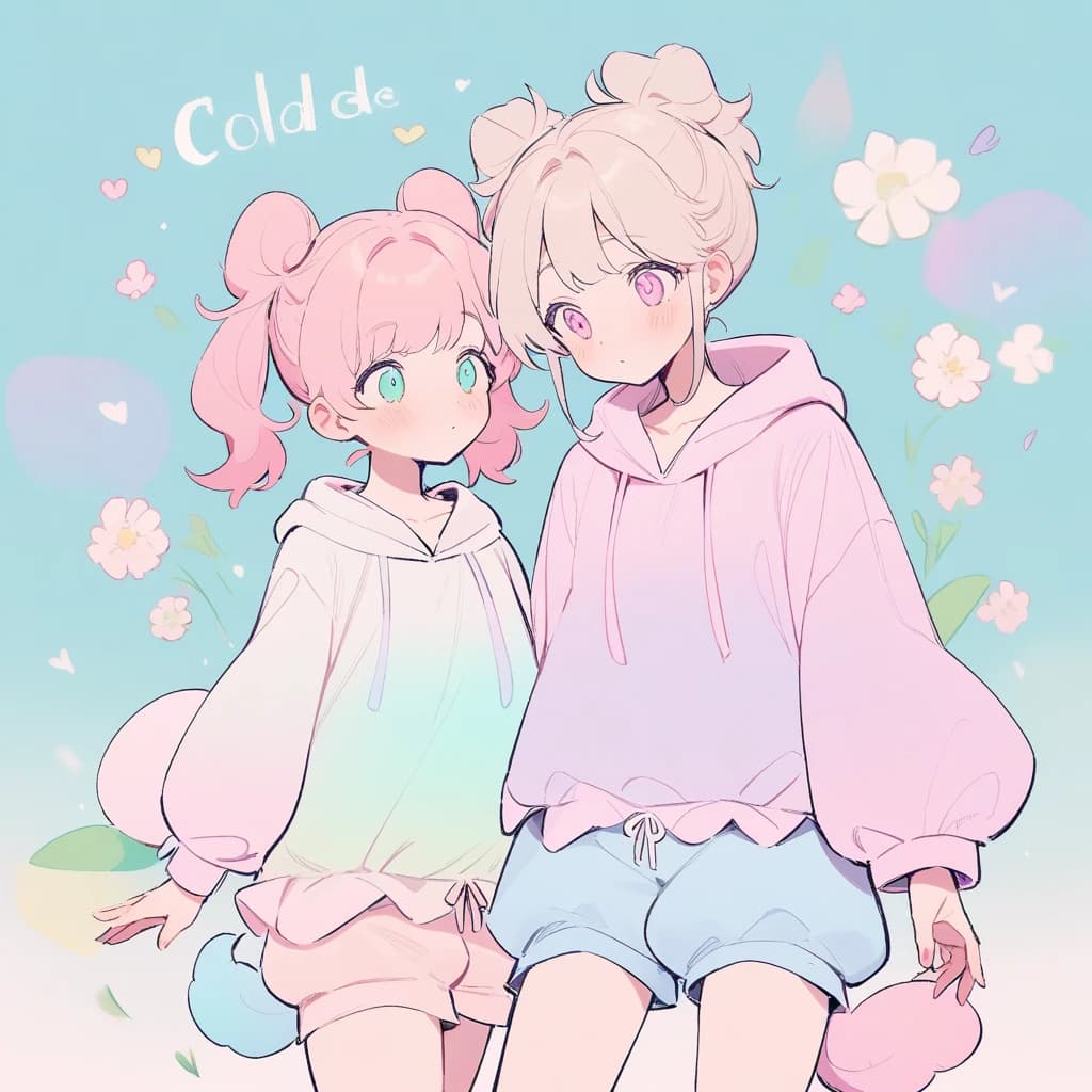 gitl, endearing, direct gaze, puffy ponytails, delicate flowers, concealed hair, pink puffy hoodie dress, long sleeves, pastel colors, English text "GAY", attached shorts, puffy tail.