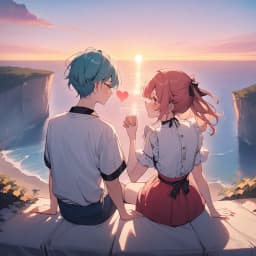 very aesthetic, masterpiece, sensitive, A beautiful sunset cliff 2 people sitting together holding each others hand beautiful ocean anime style hearts flying around people lovely