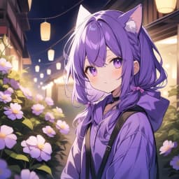 rating: general, cat girl, purple hoodie, long violet hairs, night, bloom