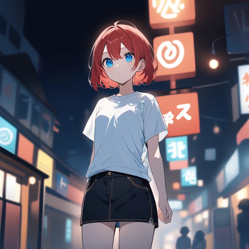 rating: general, short girl, red hair, blue eyes, white T-shirt, small breats, short black jean skirts, at night