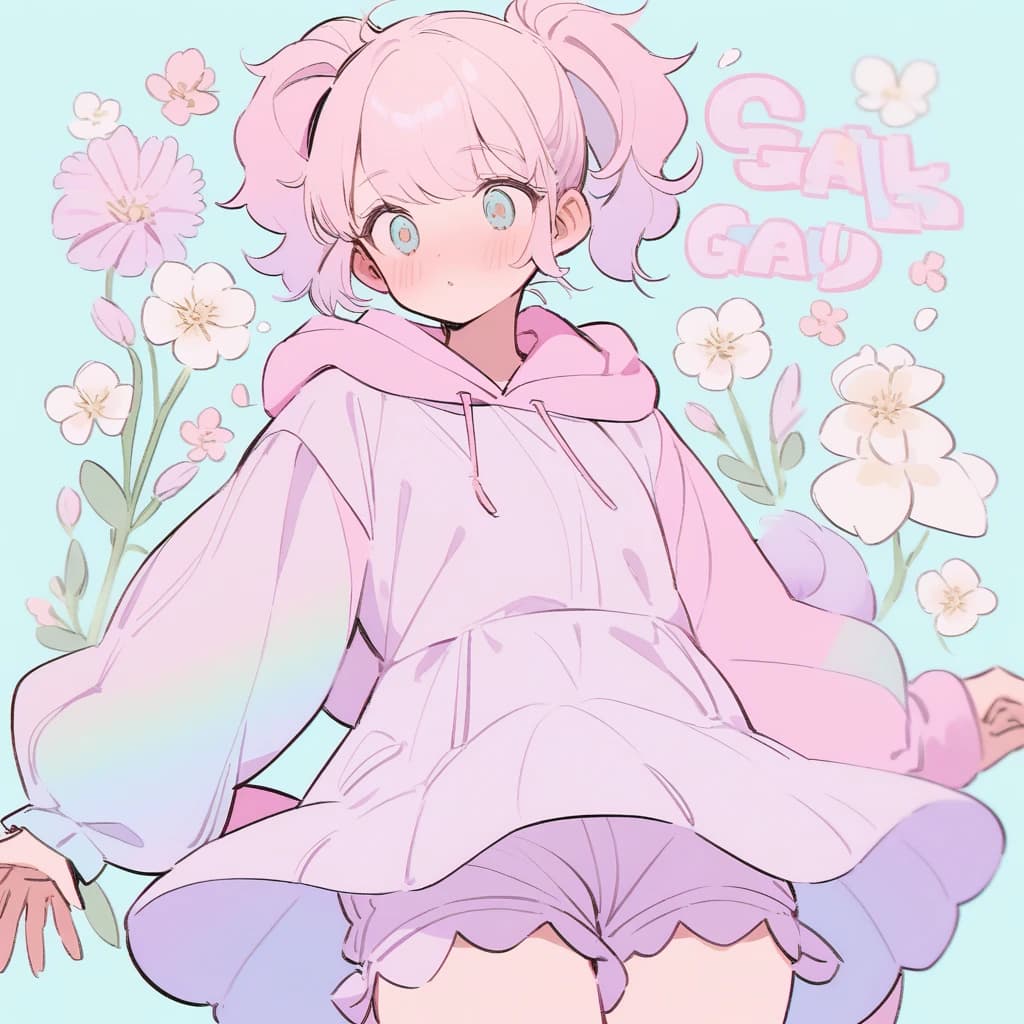 gitl, endearing, direct gaze, puffy ponytails, delicate flowers, concealed hair, pink puffy hoodie dress, long sleeves, pastel colors, English text "GAY", attached shorts, puffy tail.