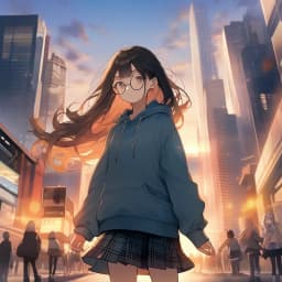 girl, round glasses, sunset in city, long hairs, hoodie, skirt