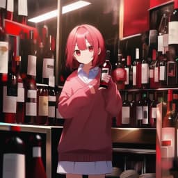 anime girl, red wine, pink sweater, red wine bottles