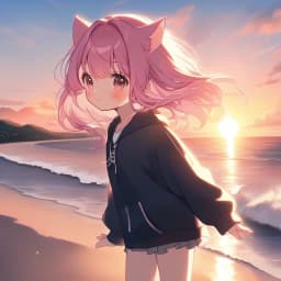 pink hair catgirl on beach, sunset, cute