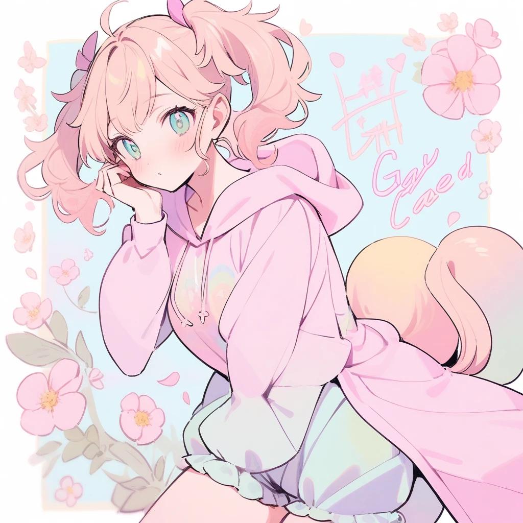 gitl, endearing, direct gaze, puffy ponytails, delicate flowers, concealed hair, pink puffy hoodie dress, long sleeves, pastel colors, English text "GAY", attached shorts, puffy tail.