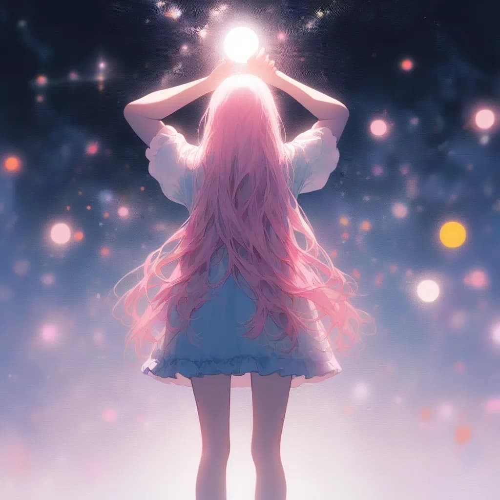 girl standing backwards with light pink long hair