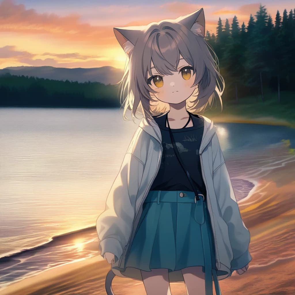 cat girl. lake, beach, sunset in background