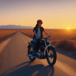 girl sitting on a bike, country road, sunset, desert