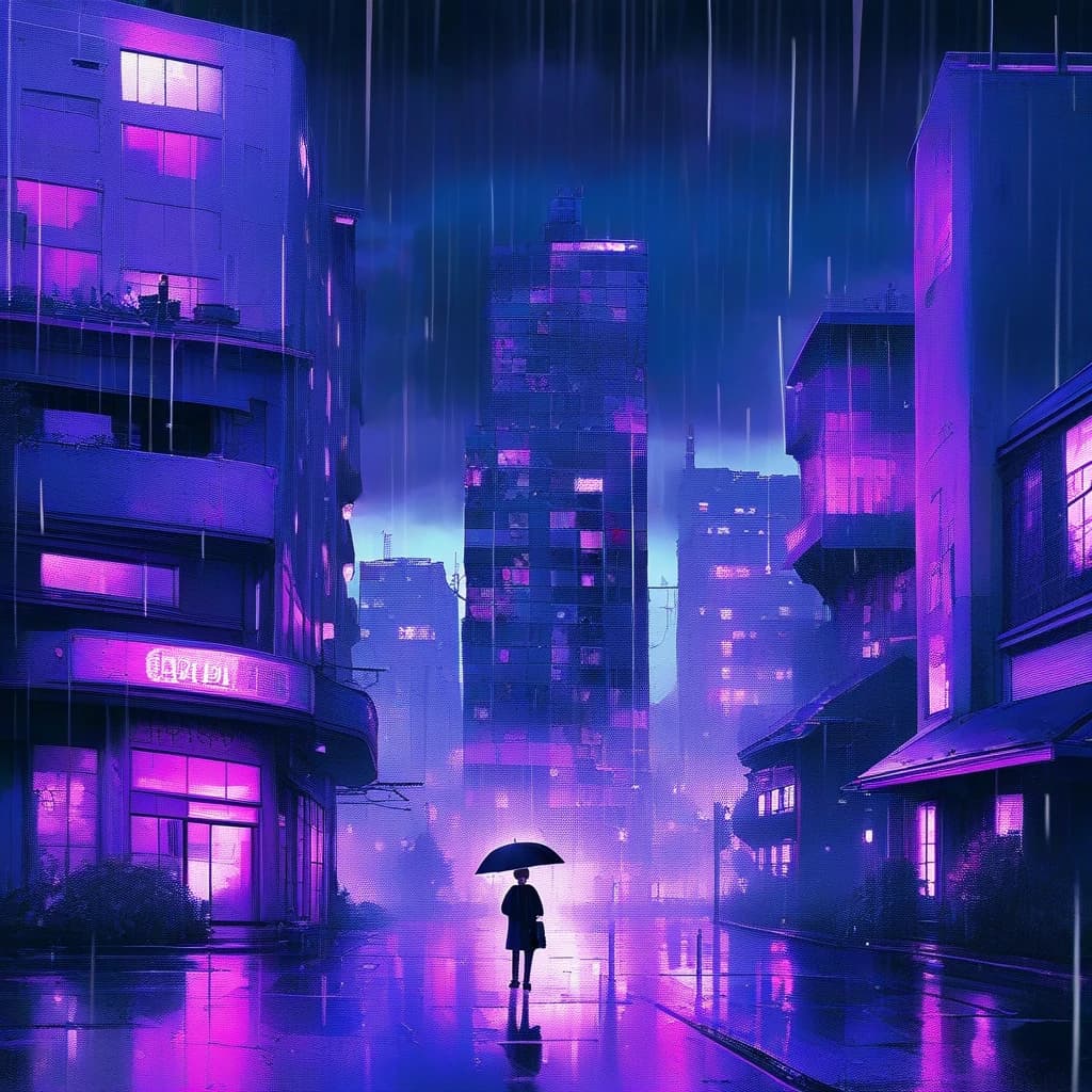 cyperbunk, violet, buildings, rain.