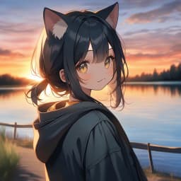 cat girl. lake, sunset in background