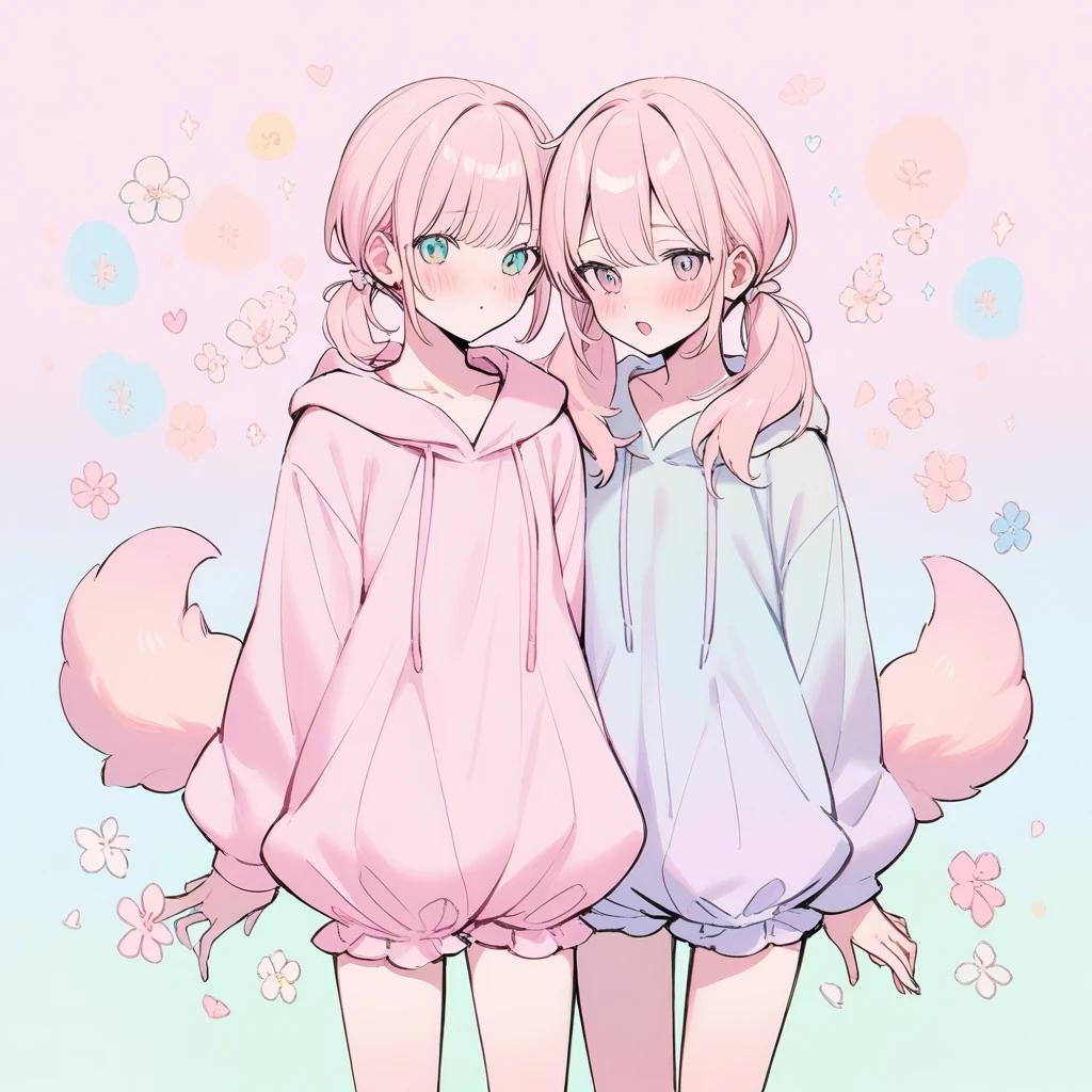 gitl, endearing, direct gaze, puffy ponytails, delicate flowers, concealed hair, pink puffy hoodie dress, long sleeves, pastel colors, English text "GAY", attached shorts, puffy tail