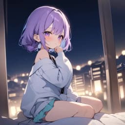 best quality, rating: sensitive, short girl, long purple hairs, night, bloom