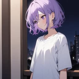 very aesthetic, high quality, rating: sensitive, short girl with violet hairs, wearing a shirt; night, bloom