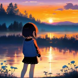 sunset, lake, short girl
