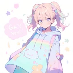 Design an endearing anime character. Against a pristine white background, with a vanilla-colored complexion, gazes directly at the camera. Her hairstyle features two puffy ponytails adorned with delicate flowers, concealing the rest of her hair. and wears a puffy hoodie dress with long sleeves in pastel colors, and prominently displayed on her puffy hoodie is the English text "GAY". Her shorts are attached to the puffy hoodie, and her puffy tail matches the puffiness of her hoodie.