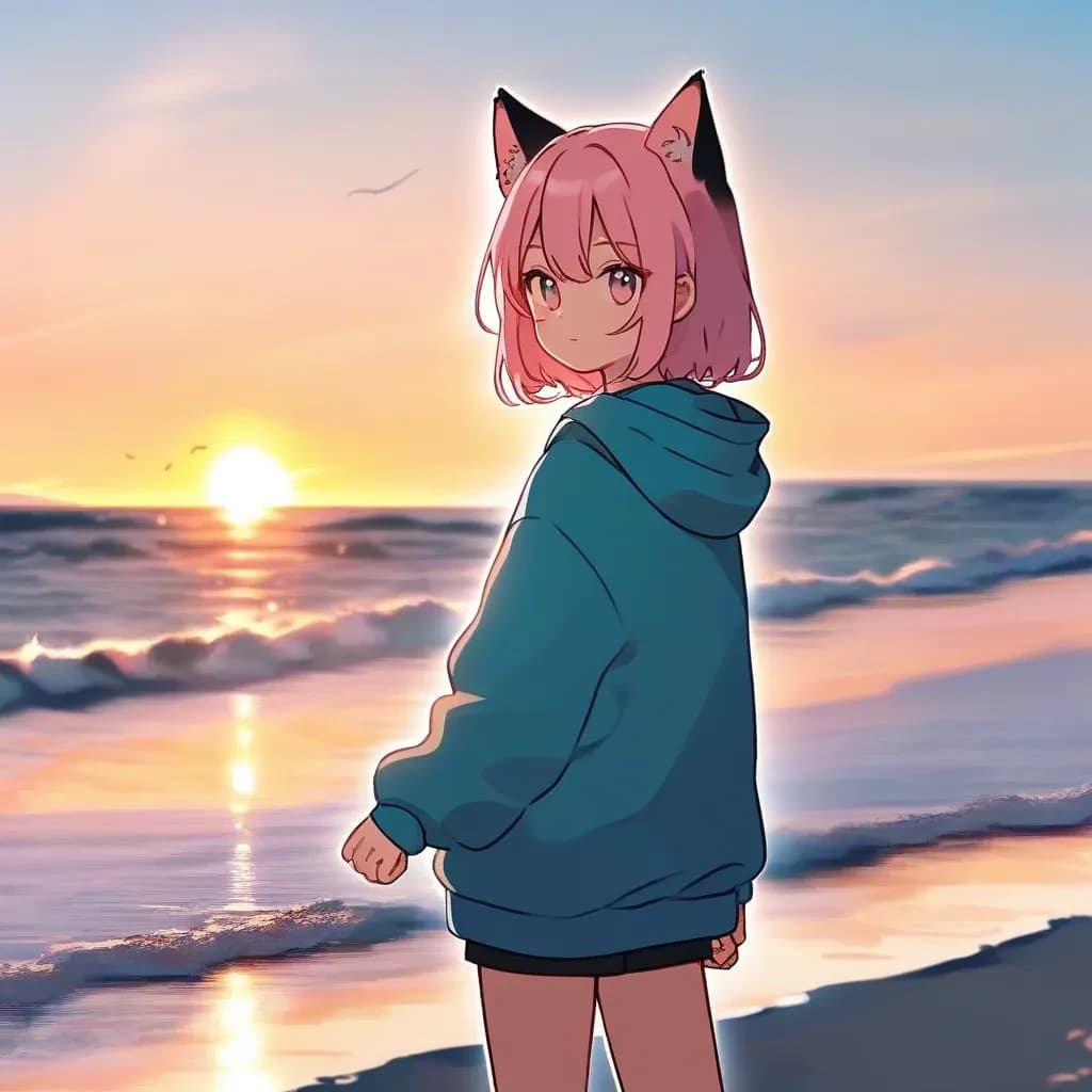 pink hair small catgirl, in a hoodie, on beach, sunset