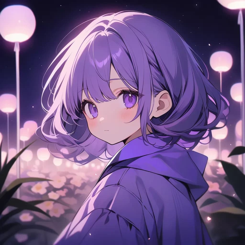 very aesthetic, high quality, rating: general, short girl, long purple hairs, night, bloom