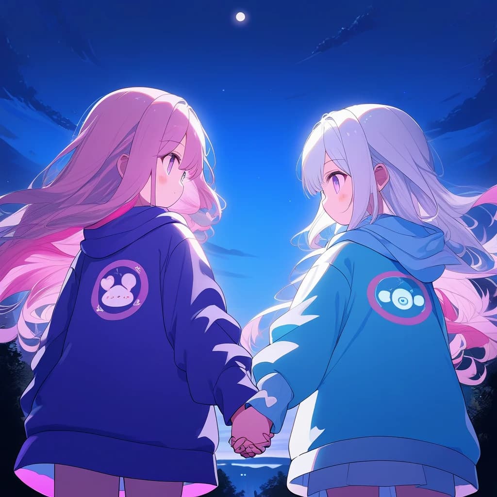 2 anime girls, holding hands. extremely detailed purple to pink hair tips, white long hair, sky blue hoodie with cute symbols, night , extremely detail purple eyes