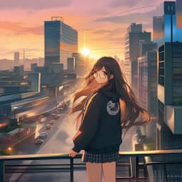 girl, round glasses, sunset in city, long hairs, hoodie, skirt