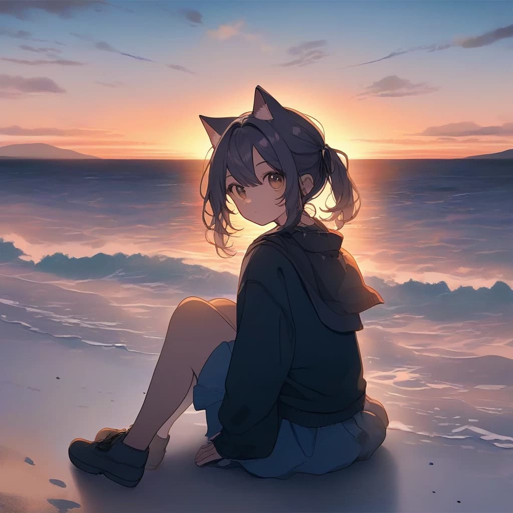 cat girl, sitting on beach, sunset