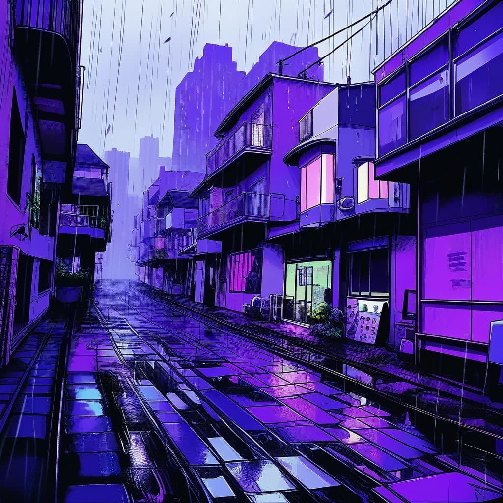 cyperbunk, violet, buildings, rain.