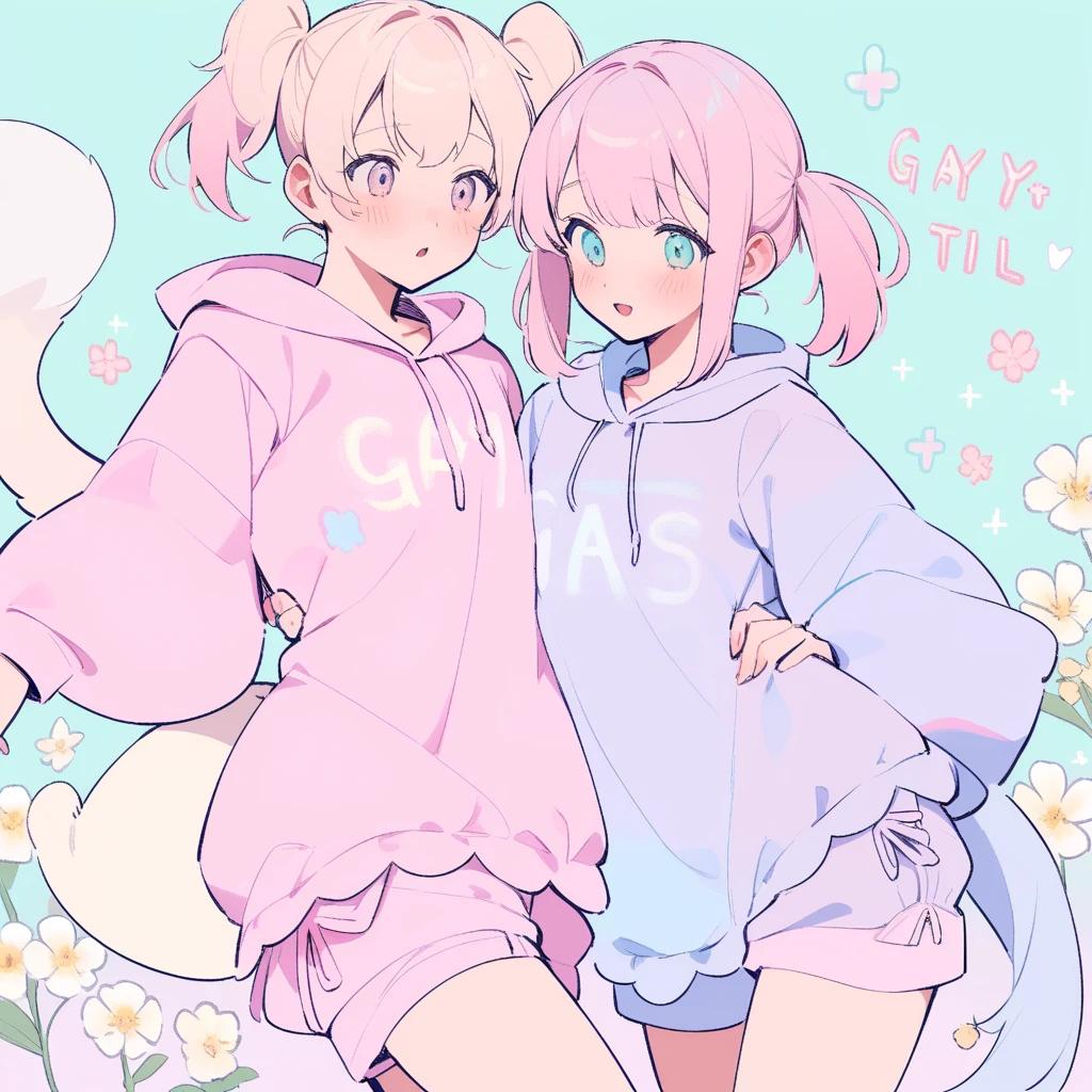 gitl, endearing, direct gaze, puffy ponytails, delicate flowers, concealed hair, pink puffy hoodie dress, long sleeves, pastel colors, English text "GAY", attached shorts, puffy tail.