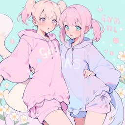 gitl, endearing, direct gaze, puffy ponytails, delicate flowers, concealed hair, pink puffy hoodie dress, long sleeves, pastel colors, English text "GAY", attached shorts, puffy tail.