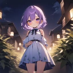 best quality, rating: sensitive, short girl, long purple hairs, night, bloom