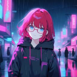 girl, short, long red hair, glasses, blue eyes, black hoodie, night. Pink cyberpunk town, rain