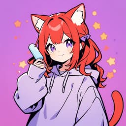 rating: general, cat girl with a smile, wearing an artistic oversized hoodie, long red hair, holding ice cream with a violet background