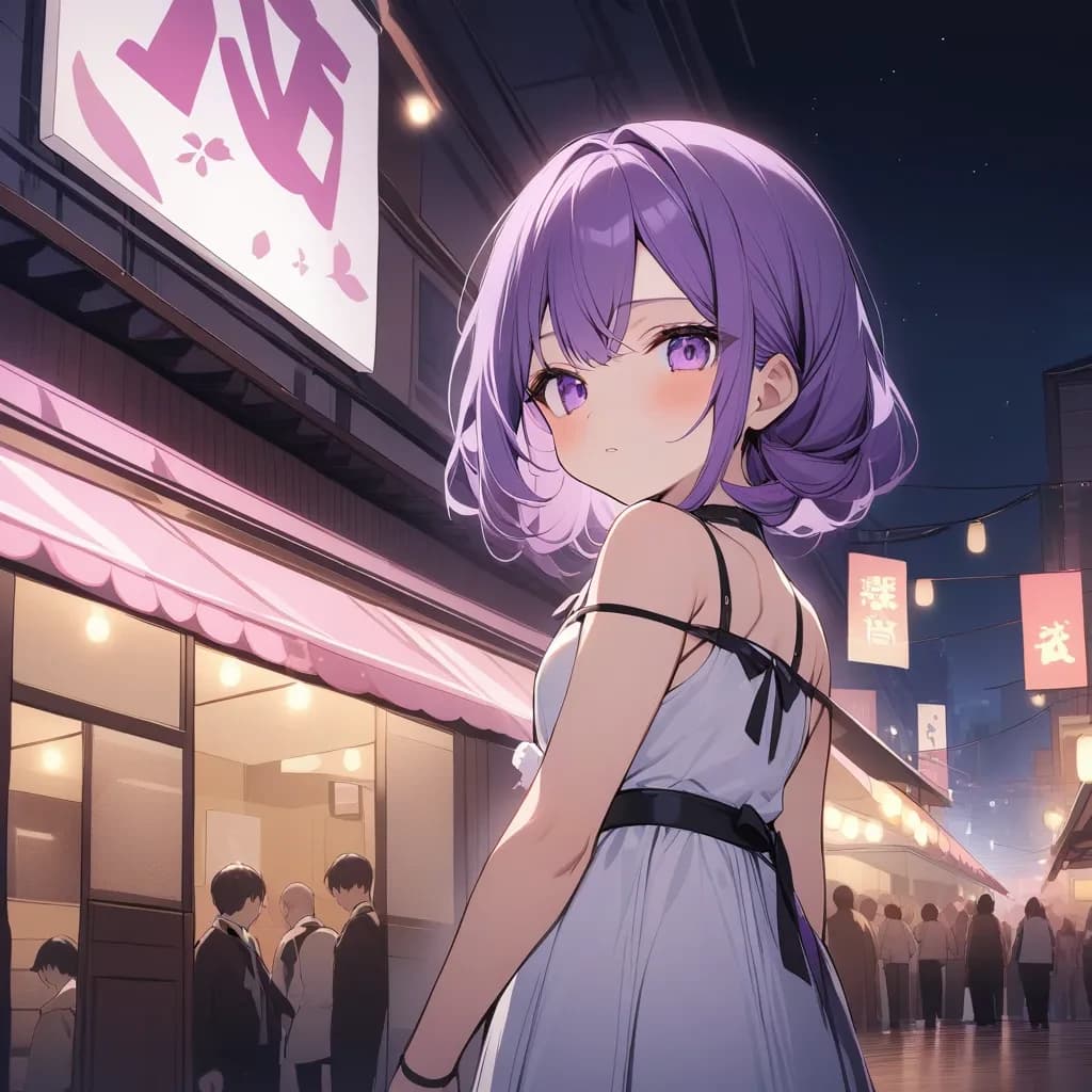 best quality, rating: sensitive, short girl, long purple hairs, night, bloom