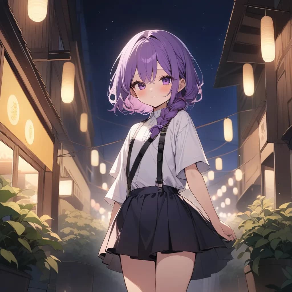 best quality, rating: sensitive, short girl, long purple hairs, night, bloom