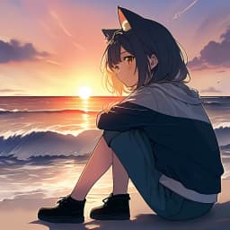 cat girl, sitting on beach, sunset