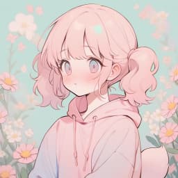 gitl, endearing, direct gaze, puffy ponytails, delicate flowers, concealed hair, pink puffy hoodie dress, long sleeves, pastel colors, English text "GAY", puffy tail