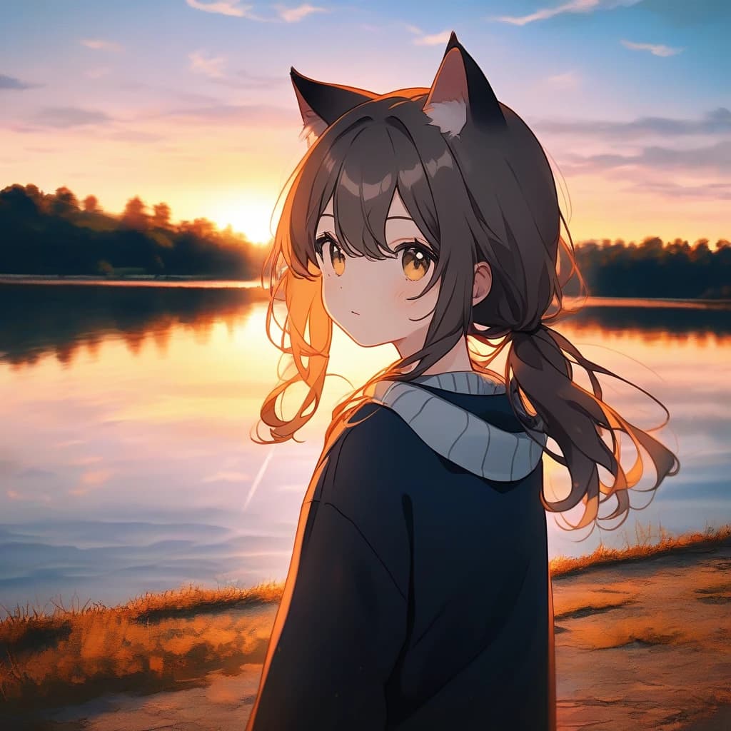 cat girl. lake, sunset in background