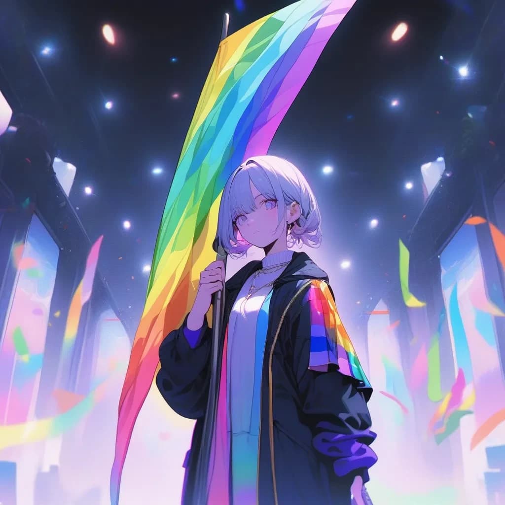 very aesthetic, masterpiece, girl holding lgbtq flag