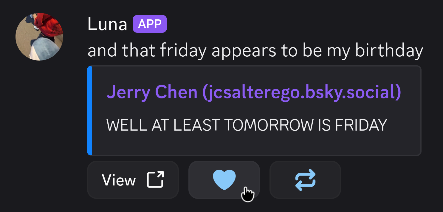 Discord message sent by Wamellow containing a Bluesky post link with two additional buttons to like and repost the post